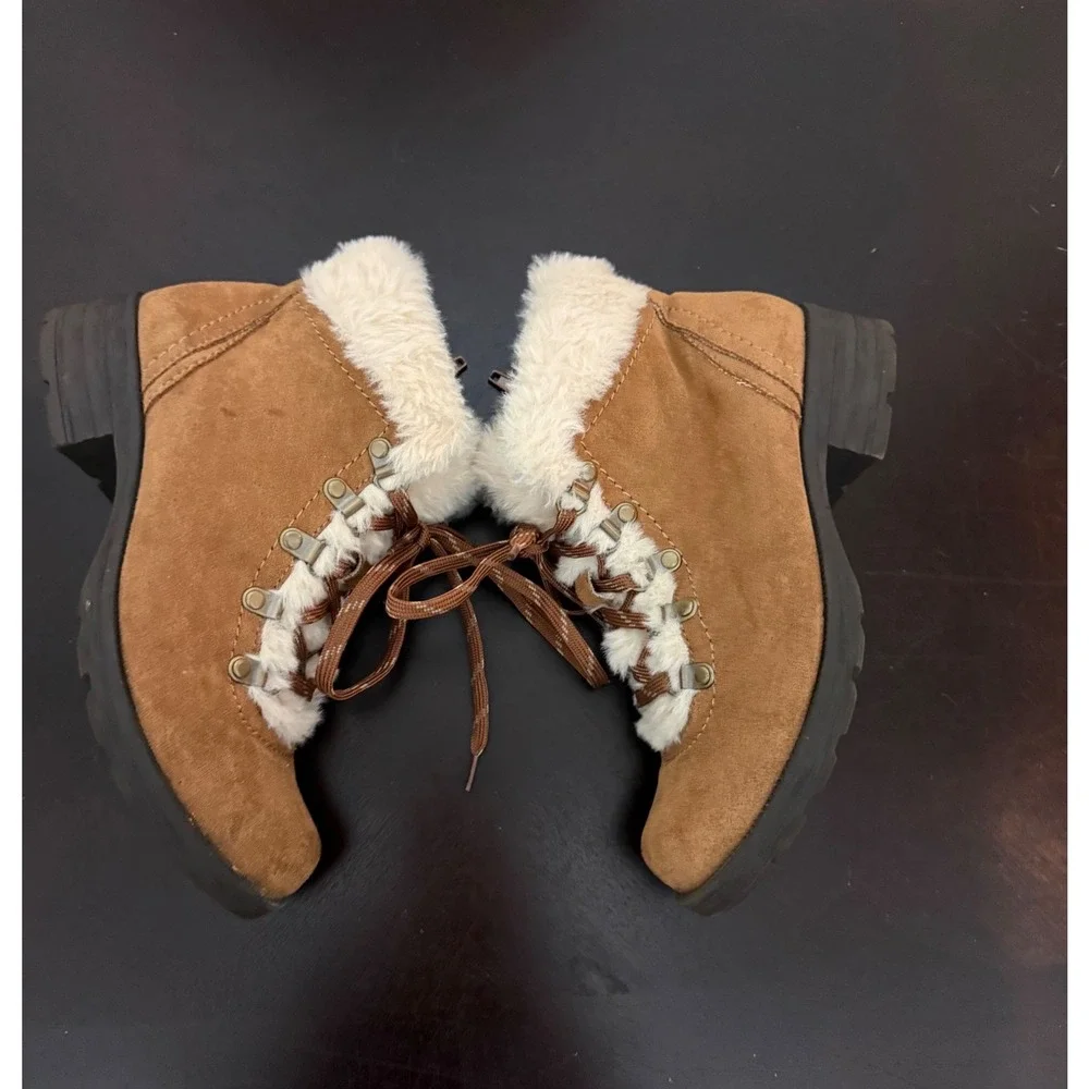 Earth Origins Remi Ankle Boots Brown Suede Women 7.5 Faux Fur Trim Lace Up Comfy